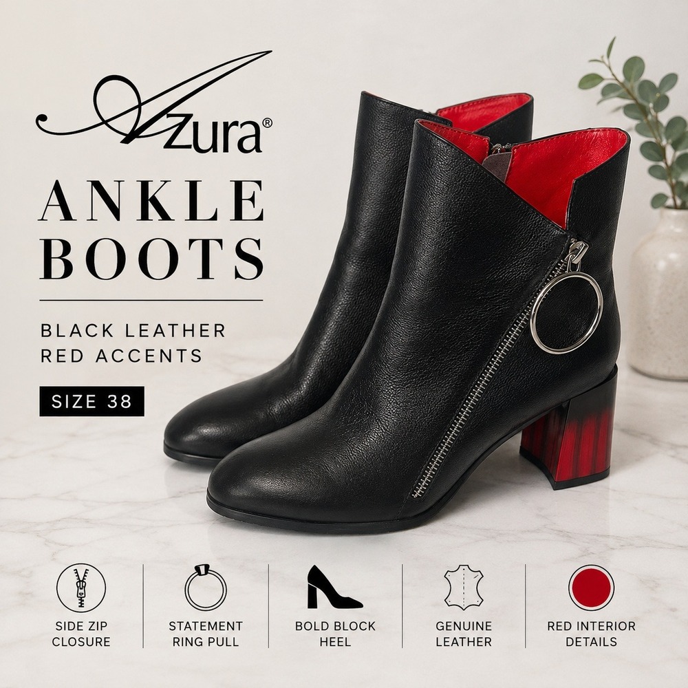 Azura Black Leather Ankle Boots Red Ombre Block Heel Ring Zip Size 38